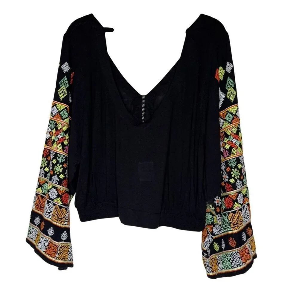 NEW Free People Top Black Cropped With Wide Embroidered Bell Sleeve Size L Boho